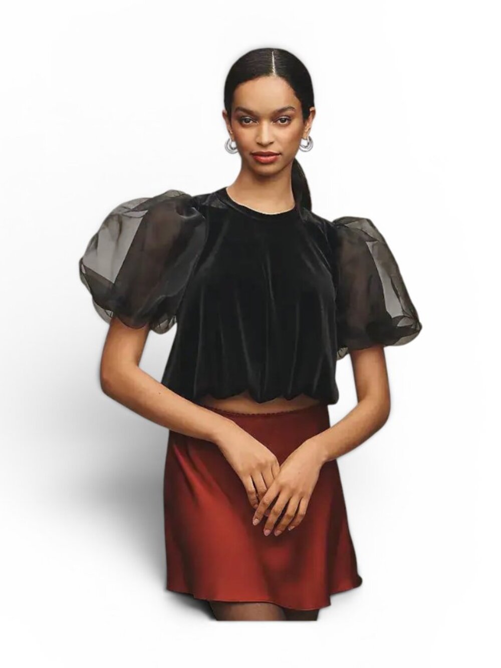 NWT $98 Anthropologie Maeve Balck Puff Sleeve Velvet Blouse - Size S